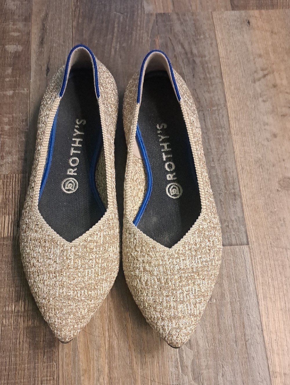 Rothy's Metallic Gold Pointed Knit Flats with Blue Trim 10